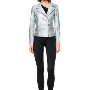 S.W.OR.D Women’s Gray Leather Biker Moto Jacket Size EU 42 US 6